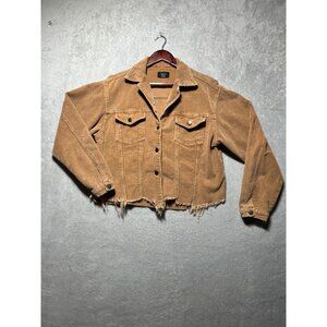 Vici Medium Womens Cropped Frayed Hem Corduroy Tan Jacket with Button Front & Po
